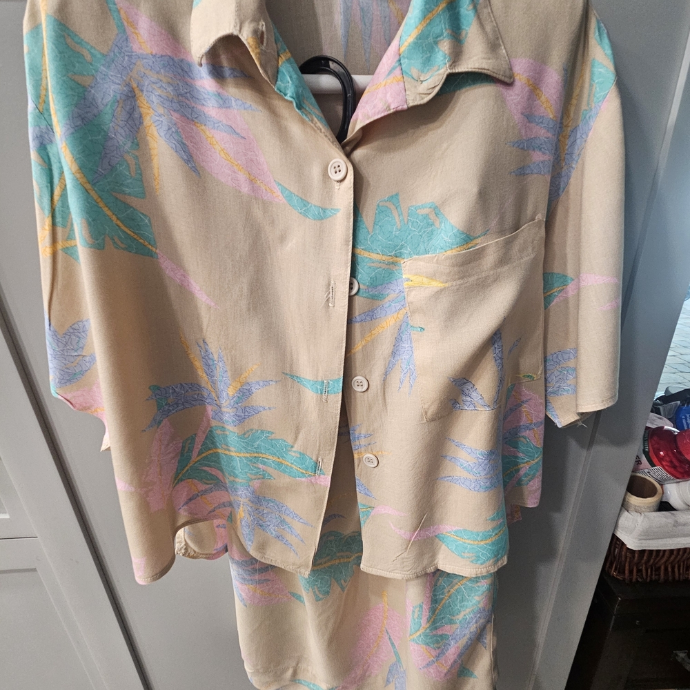 Vintagage Tropical Print Button-Up Shirt and Skirt Set Size S